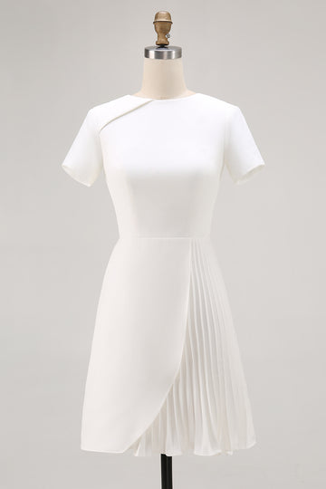 Ivory Satin A Line Pleated Short Work Dress with Short Sleeves